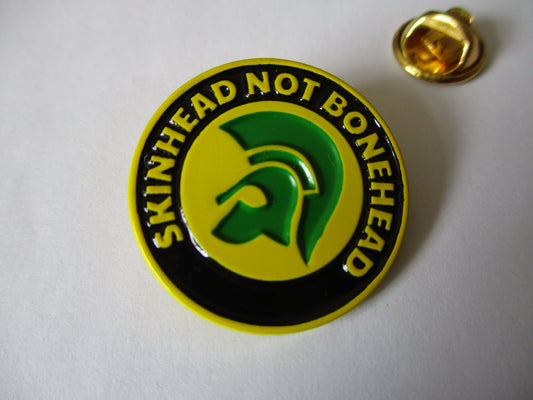 SKINHEAD NOT BONEHEAD oi! ska METAL BADGE (yellow)