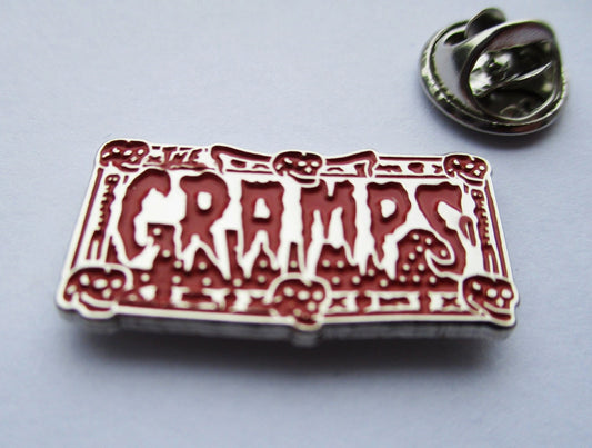 THE CRAMPS garbageman PSYCHOBILLY TRASH PUNK METAL BADGE red/silver