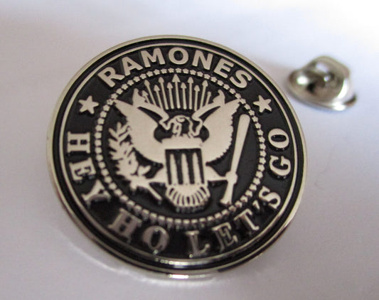 RAMONES hey ho let's go (black/silver) embossed PUNK METAL BADGE